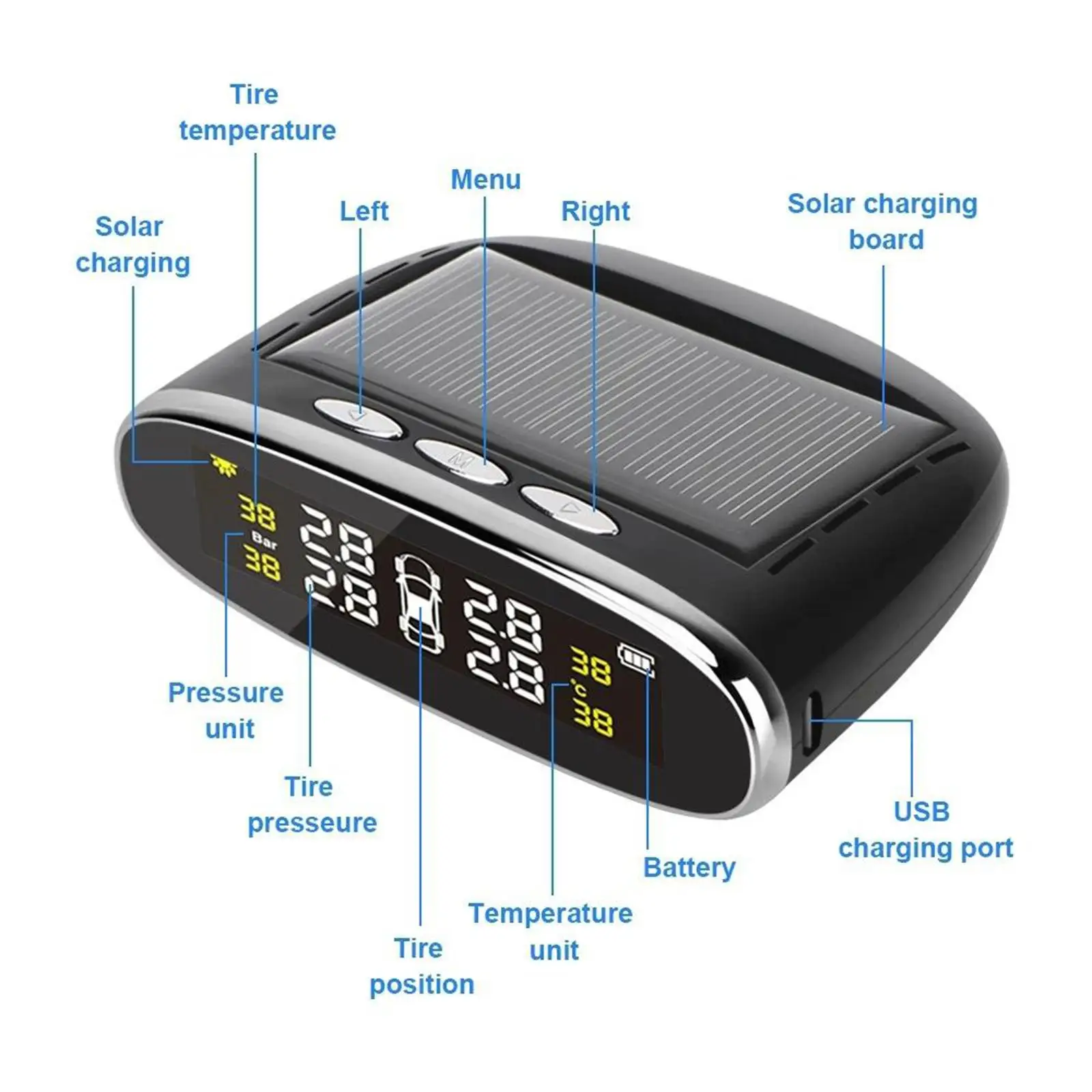 Solar Powered  SUV Vehicle Tire Pressure Temperature Monitor Tyre  System  LCD Display