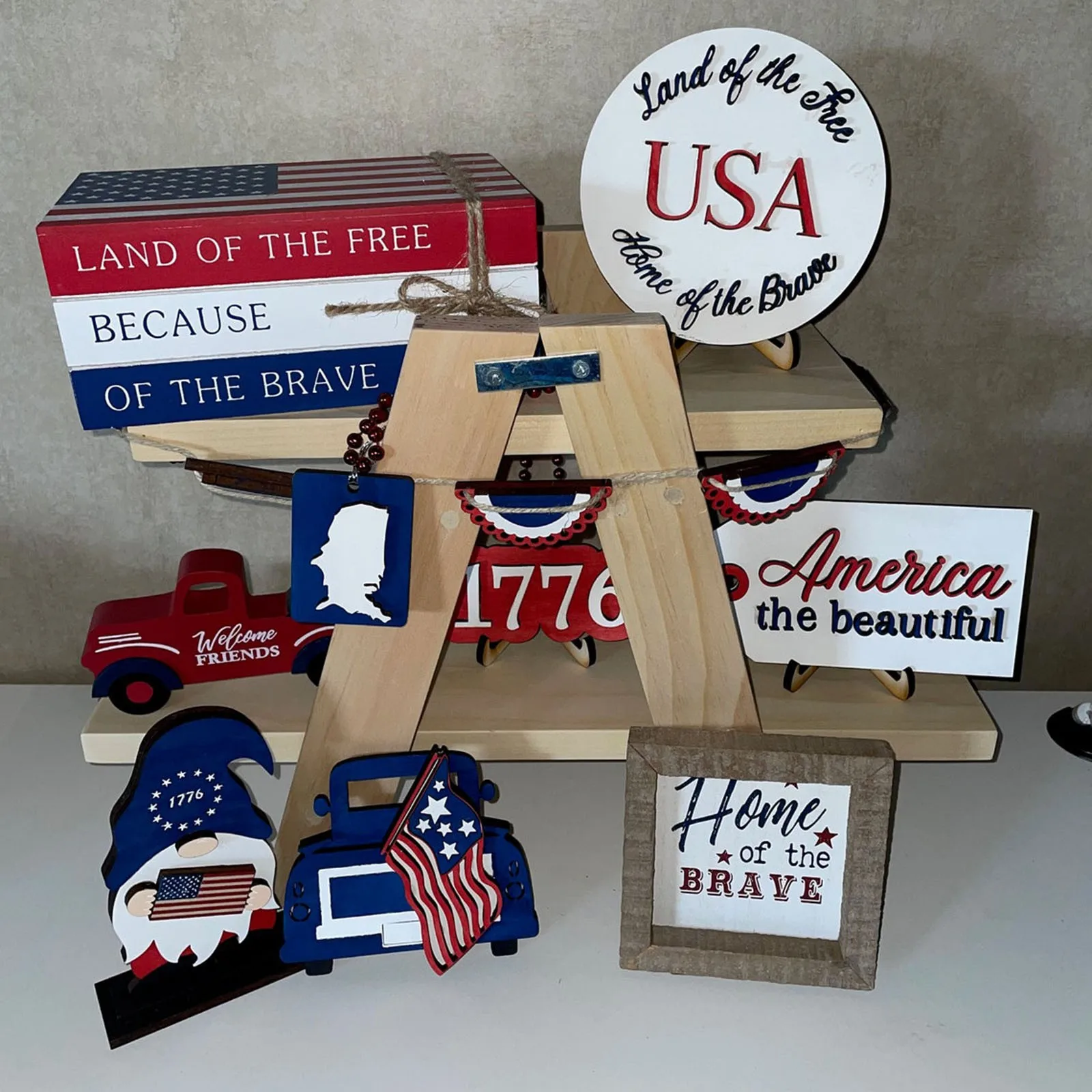Wooden Tiered Tray Independence Day Home Decoration Tiered Tray Figurines American Party Tray Decoration