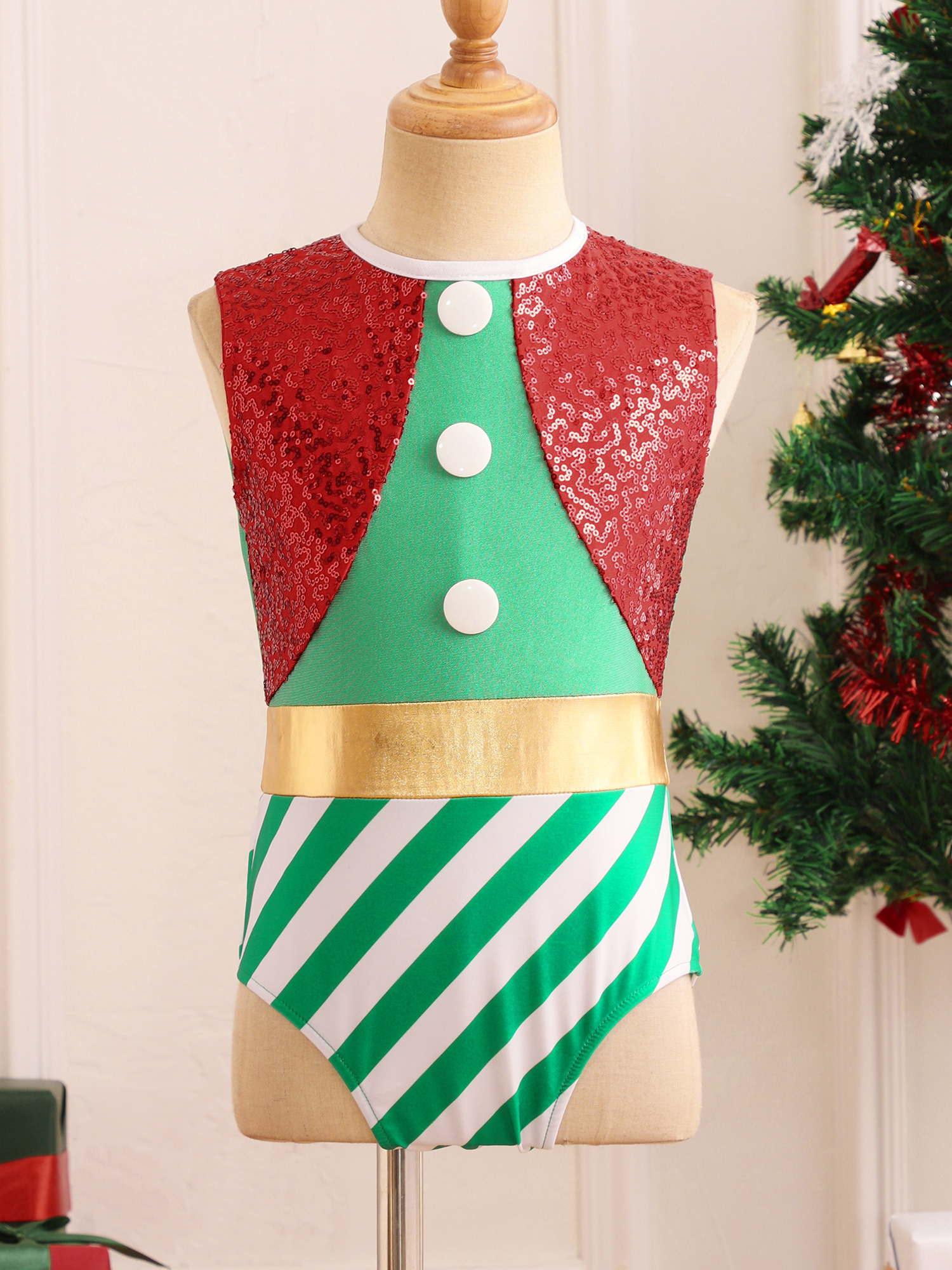 Kinder Mädchen Weihnachten Elf Santa Kostüm Langarm Streifen Gymnastik Trikot Ballett Tanz Overall Weihnachten Neujahr Party Tanz kleidung – Detail 28