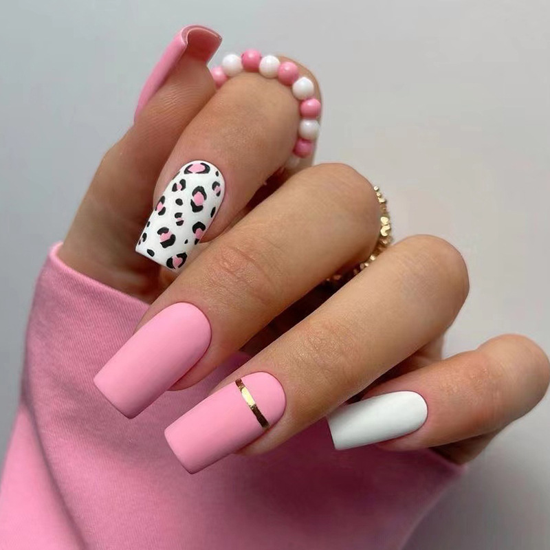 Best of 24Ps / Set Square Head Coffin Wearing False Nails Art Pink Matte French Fake Nails Leopard Artificial Acrylic White Press On Nails Reviews & Tips