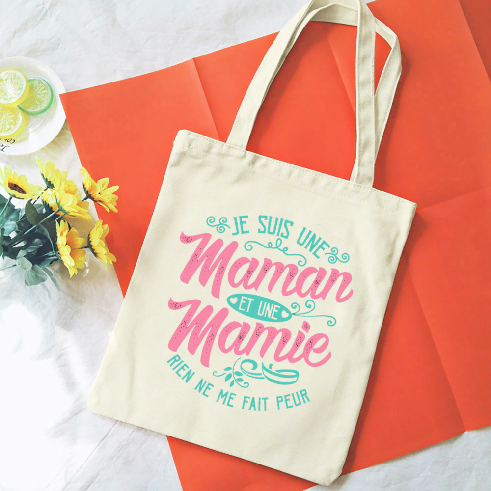 Französische Mamie-Druck-Schultertaschen aus Segeltuch, weibliche Einkaufstaschen, Damen-Reisehandtaschen, umweltfreundliche, wiederverwendbare Aufbewahrungstasche, Geschenke für Oma – Detail 16