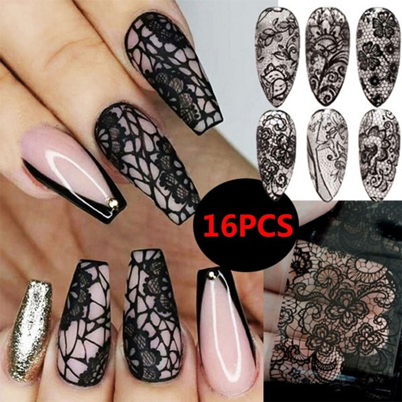 Best of 16 Sheet Black Lace Flower Nails Sticker White Star Transfer Nail Foil Adhesive Manicure Nail Stickers Designer Art Decoration Reviews & Tips