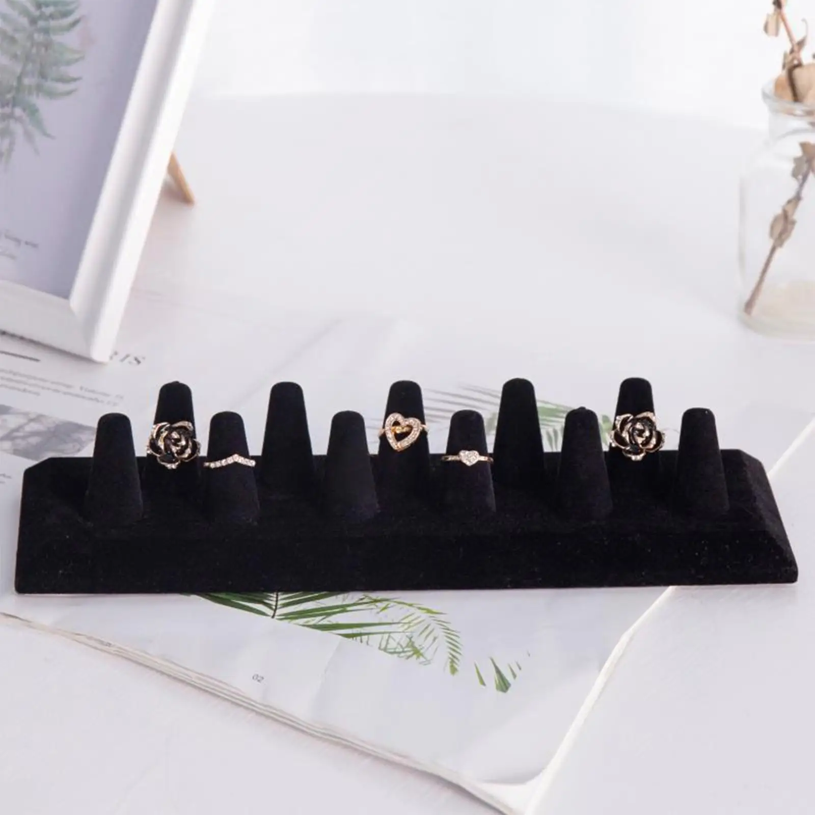 11 Finger Ring Display Stand Velvet Flocking Organizer Jewelry Holder for Retail Shop Shows Exhibitions Organizing Black