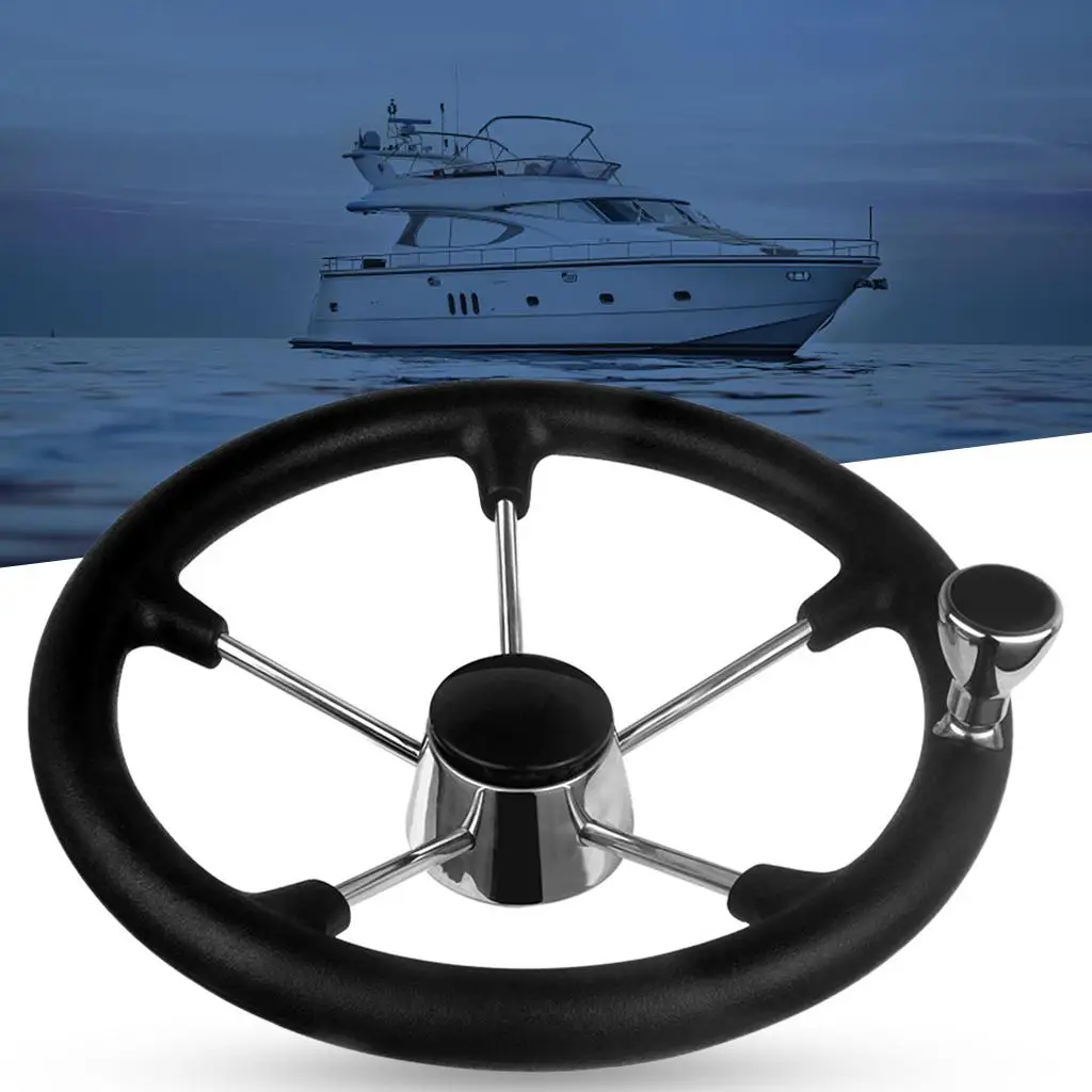 5 Spoke Boat Steering Wheel, 25 Degree Dish, Stainless Steel Steering Wheel with Knob Black Foam