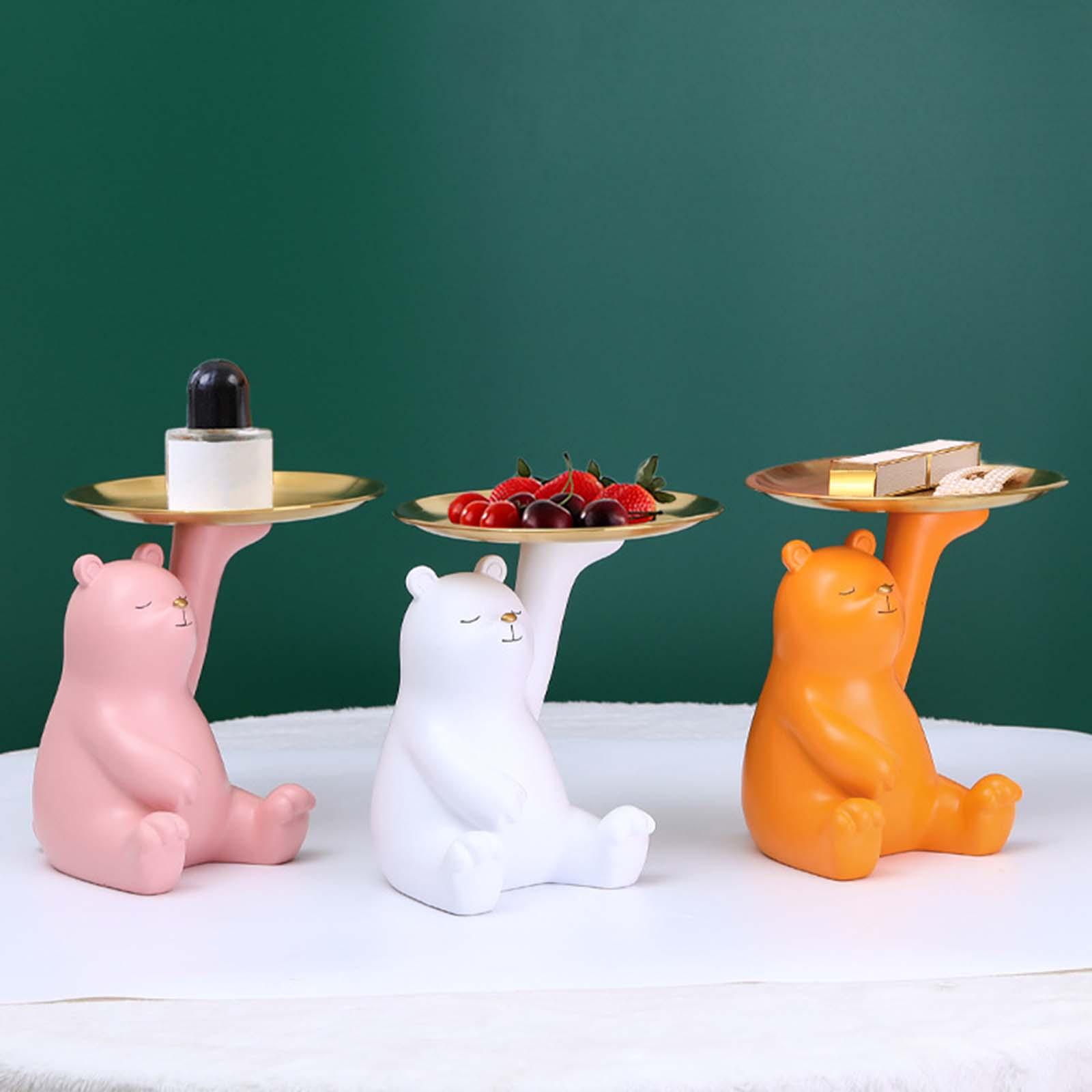 Cute Polar Bear Statue Storage Tray, Resin Bear Figurine Earrings Holder Coins Phones Organizer for Kitchen Tabletop Decoration