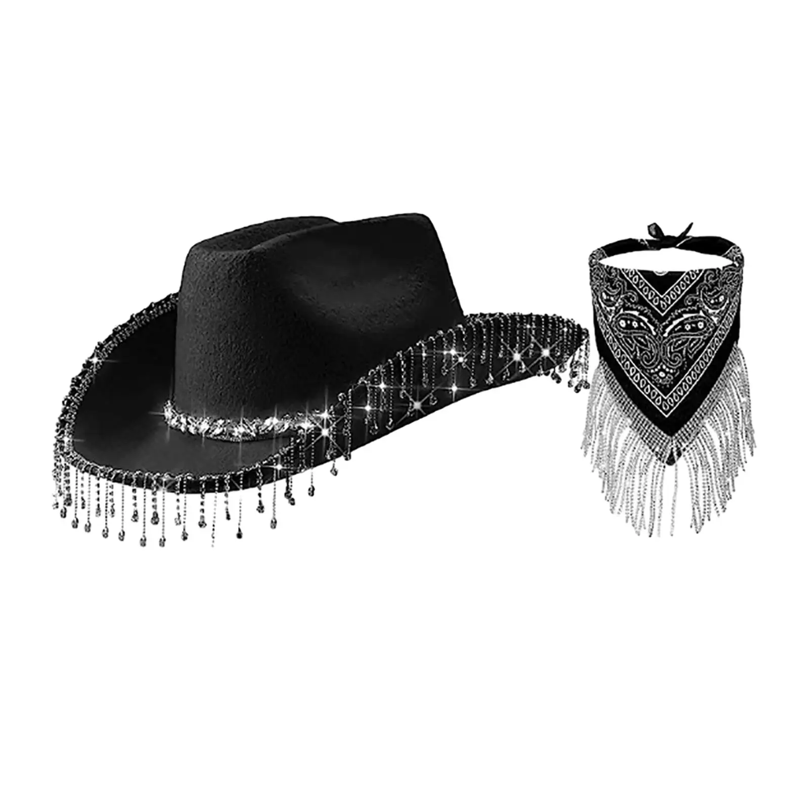 Cowboy Hat with Fringed Bandana Sun Hat Bling Tassels Big Brim Cap Cowgirl Hat for Women Men Party Holiday Summer Beach Carnival