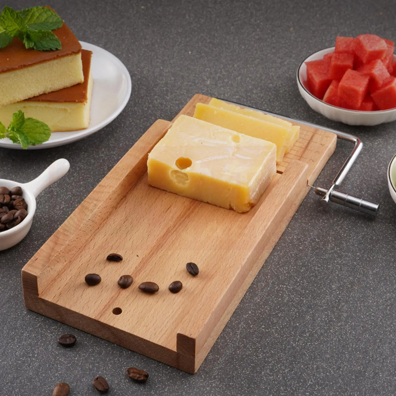 Wooden Cheese Slicer with Stainless Steel Wire Kitchen Tool Adjustable Thickness Cheese Board with Slicer Home Cutting Board