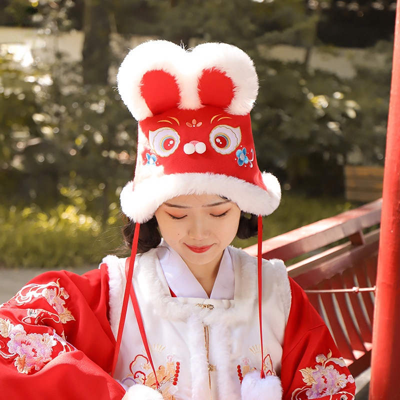 Eltern-Kind-Kaninchen hut im chinesischen Stil Kinder Neujahr rot niedlich Mütze Winter Hanfu Originalität Persönlichkeit Hut Hasen hut – Detail 6