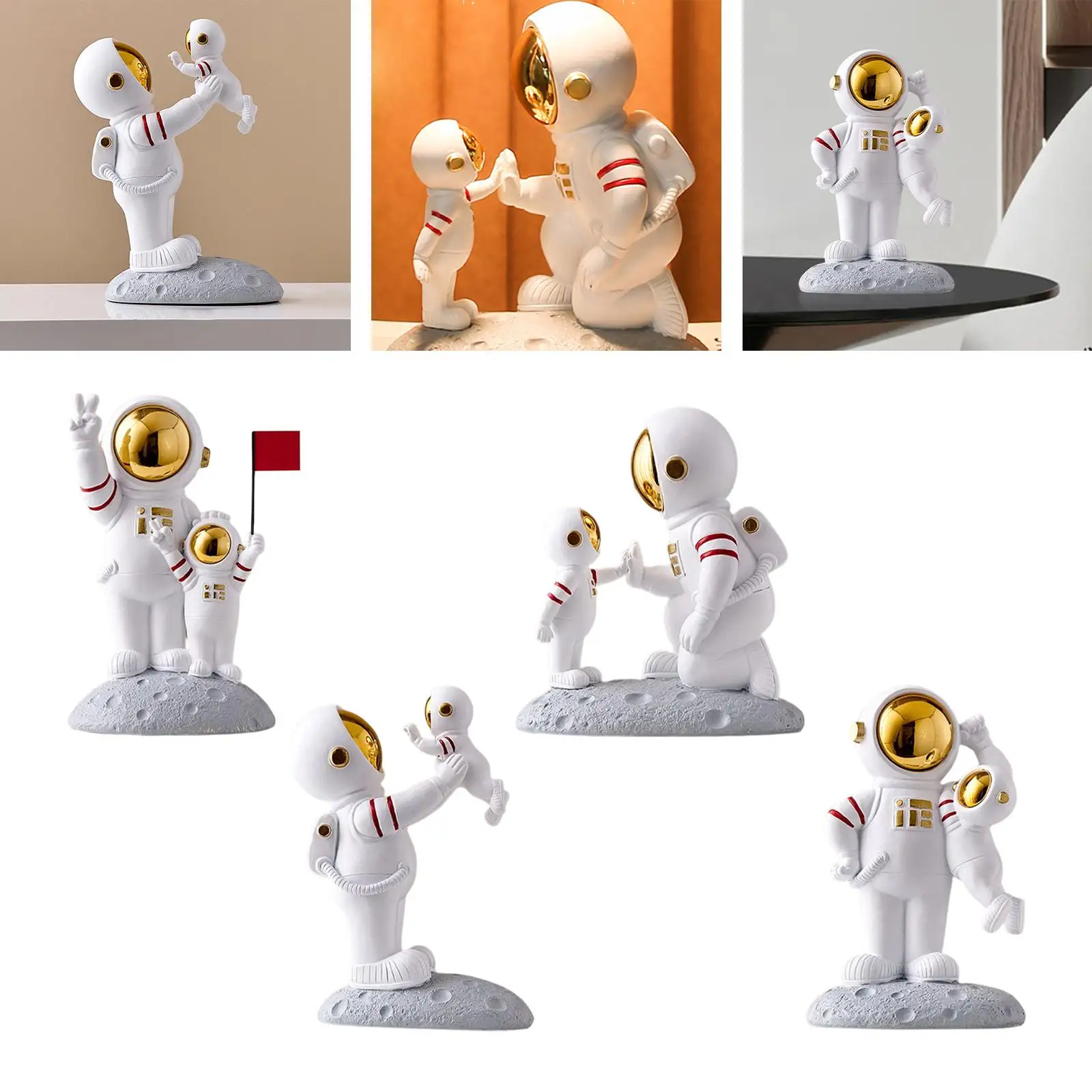 Father and Son Resin Astronaut Statue Sculpture Spaceman Figurines Planet Decorative Desktop Figures for Home Decor Cake Toppers