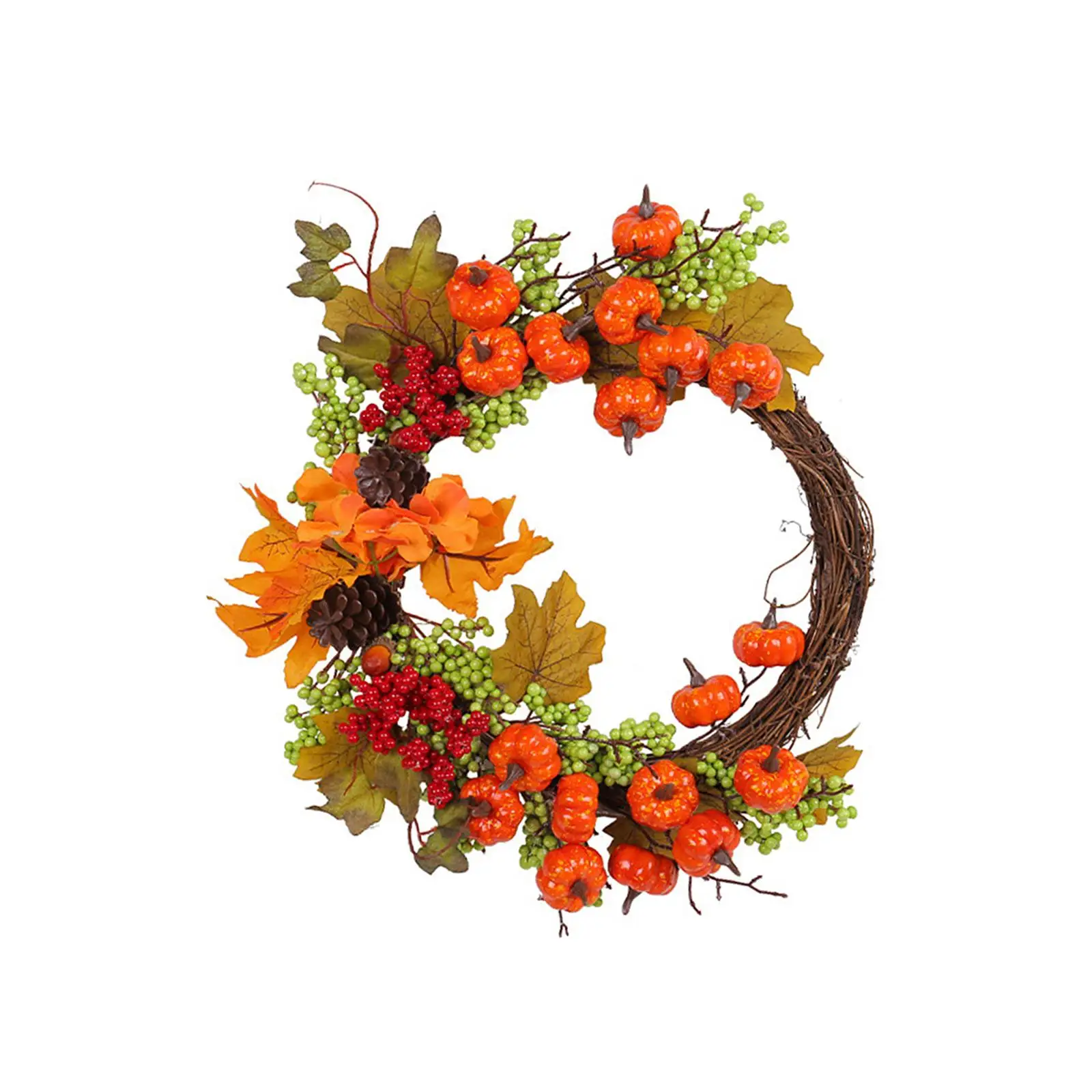 Fall Door Wreath with Pumpkins Berries Maple Leaves Autumn Farmhouse Wreath for Party Thanksgiving Halloween Home Decorations