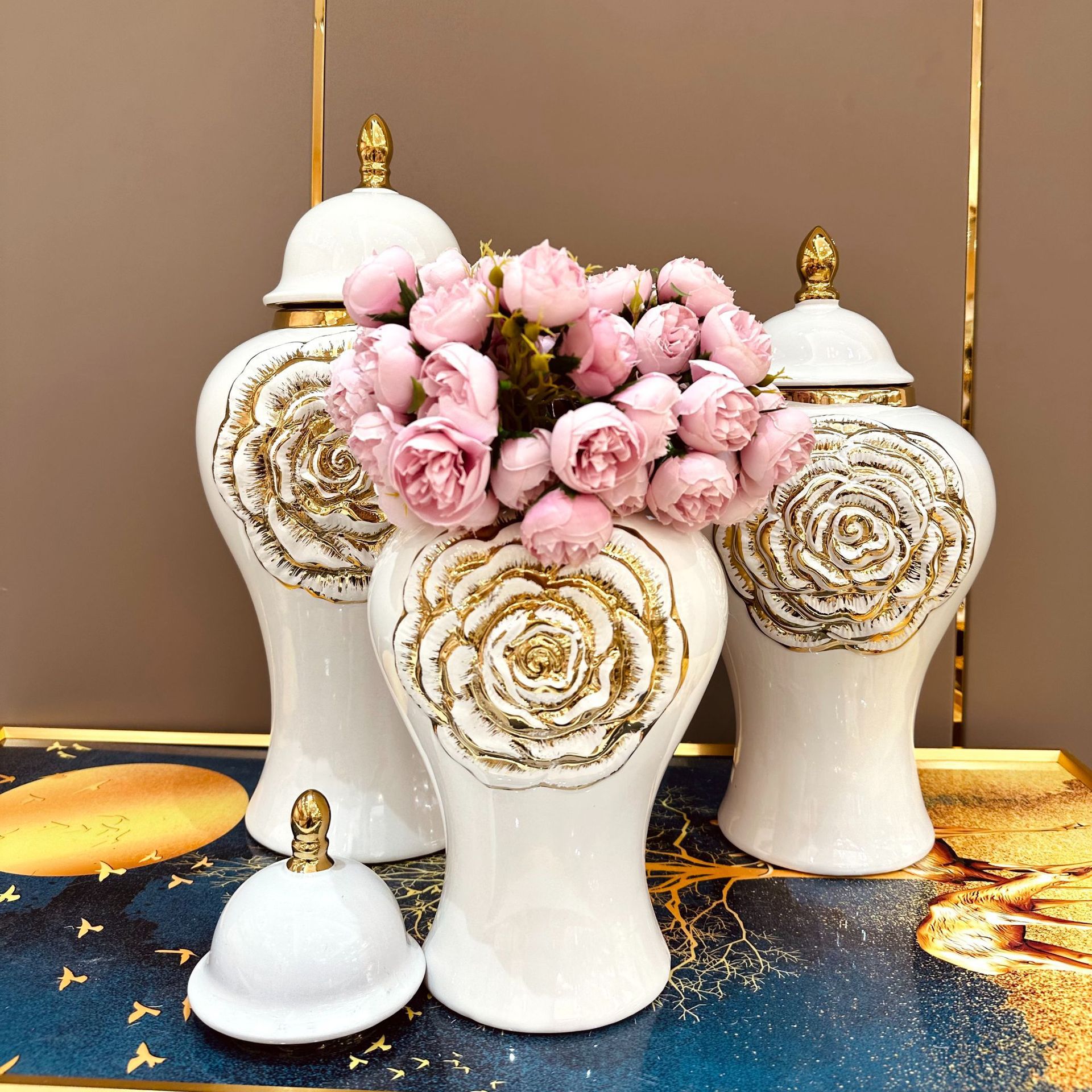 Gold Rose Relief General Can Ginger Jar Porcelain Storage Tank Flower Vase Desktop Storage Organization Home Decoration