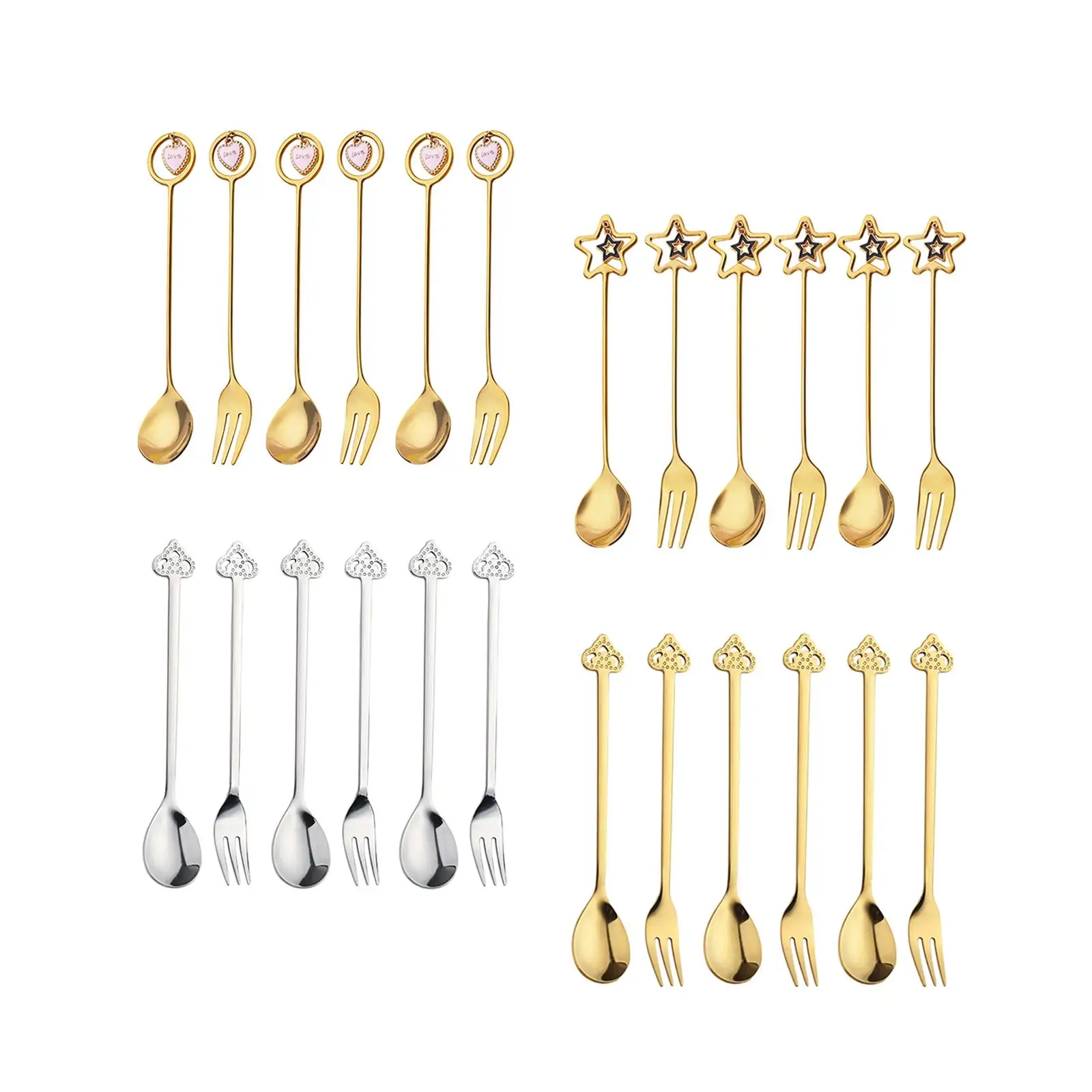 6Pcs Xmas Flatware Dessert Forks Coffee Stirring Spoon Stainless Steel Spoon Fork for Daily Use Restaurant Wedding Holiday