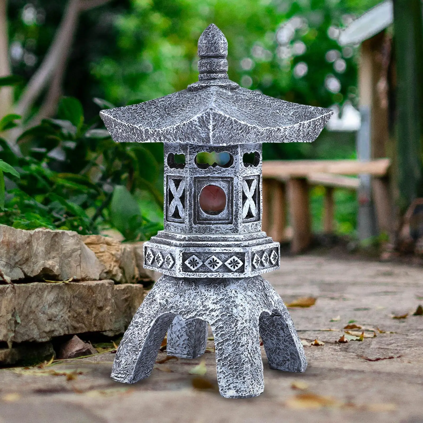 Solar Pagoda Lantern Sculpture Decorative Resin Asian Decor LED Outdoor Light Lamp for Porch Yard Patio Farmhouse Decoration