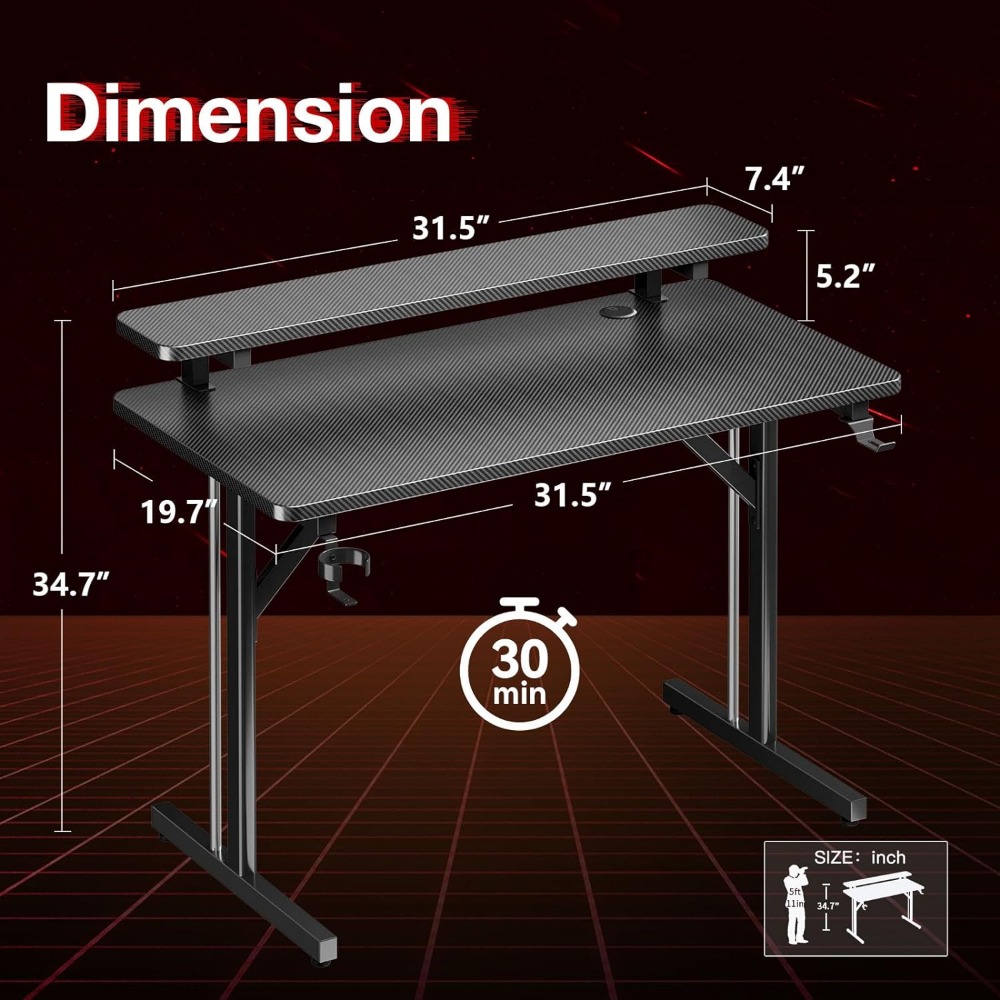 Description Picture 5 of itemSmall Gaming Desk with LED Lights, Computer Desk 31 Inch Gaming Table with Monitor Shelf, PC Gaming Desk Gamer Desk with