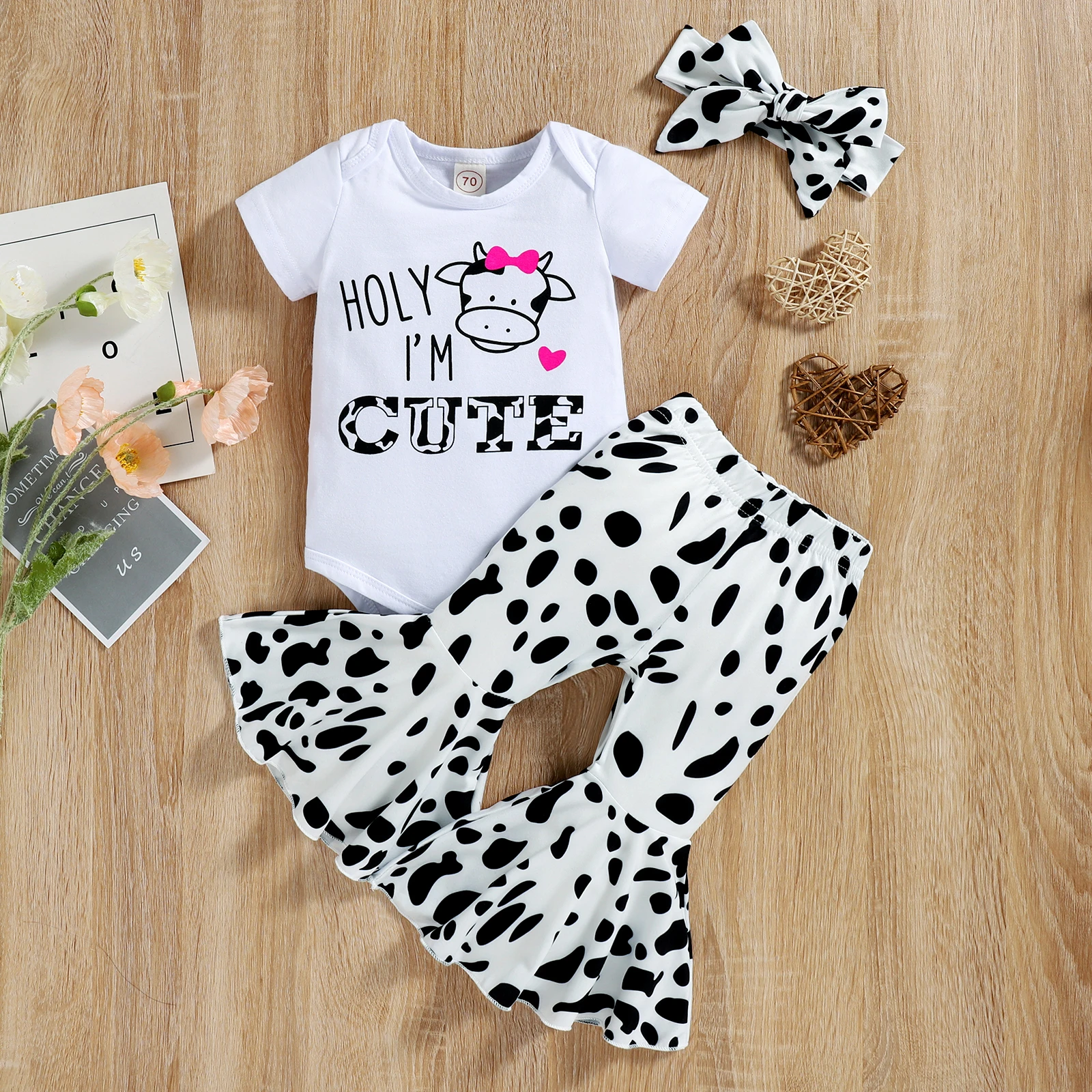 Infant Baby Girls Cute Clothes Set, Letter Cow Head Print Short Sleeve Romper Milk Cow Skin Pattern Flare Pants Bow Headband baby dress and set