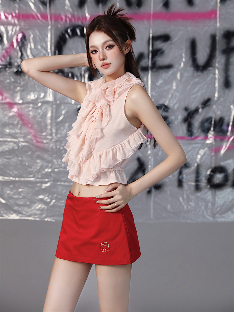 CHEERART-Ruffles Chiffon Crop Top para Mulheres, Blusas