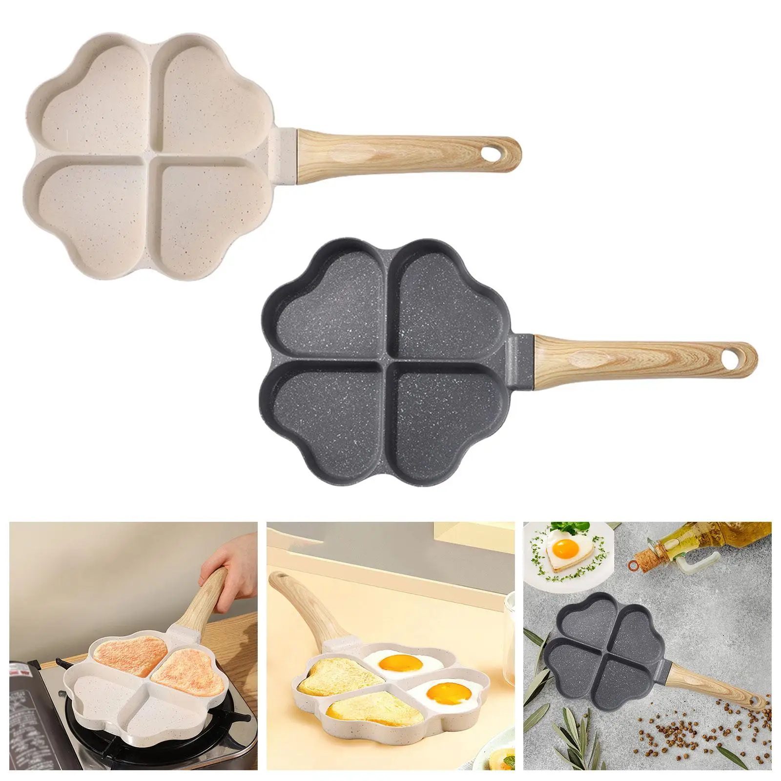 Omelet Pan Anti Scald Wood Handle Small Egg Skillet Nonstick Cookware 4 Holes Mini Egg Cooker Pan for Baking Cooking Burger