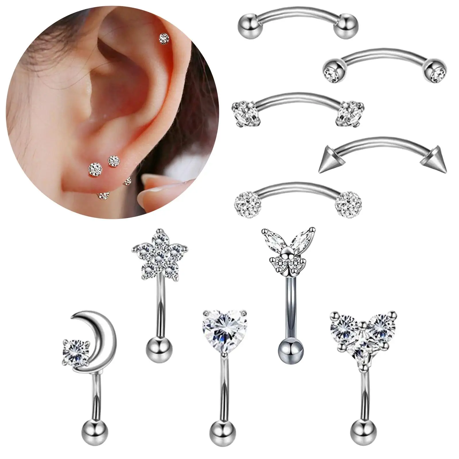 10x Stainlee Steel Nose Ring Eyebrow Lip Studs Earring Mix Styles Diamond Stud Earrings Bar Punk Fashion Butterfly Tragus Stud