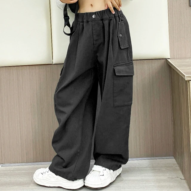 Genuiskids Women Juniors Baggy Cargo Pants Casual Loose Fit High Waisted  Straight Leg Trousers E-Girls Hippie Pant with Pockets Streetwear for Teen