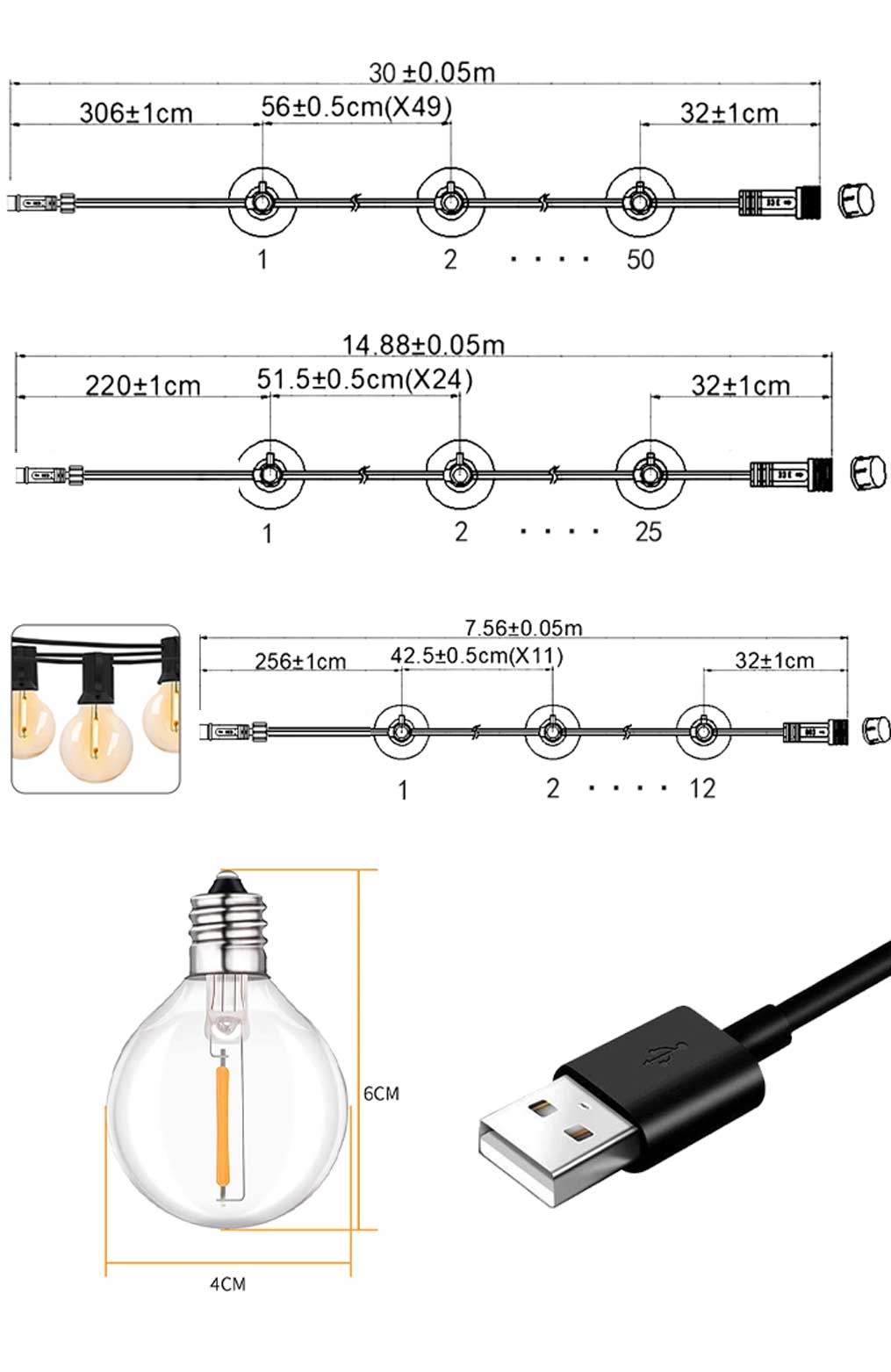 100/50/25ft USB LED Lights 5V 1W G40 Plastic Bulb Outdoor Waterproof Tent Fairy Patio Festoon String Light Wedding Decor