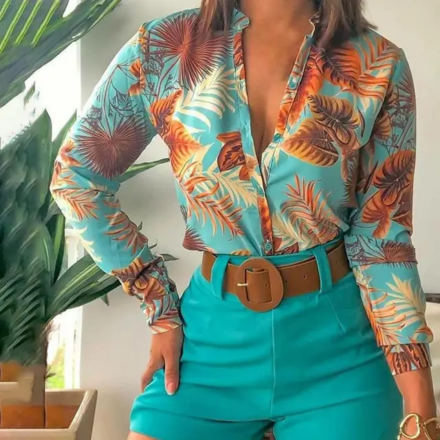 1 Set Women Shirt Shorts Long Sleeve Fashion Floral Printed Summer Solid  Color Tie Knot Top Blouse Shorts Sets for Office