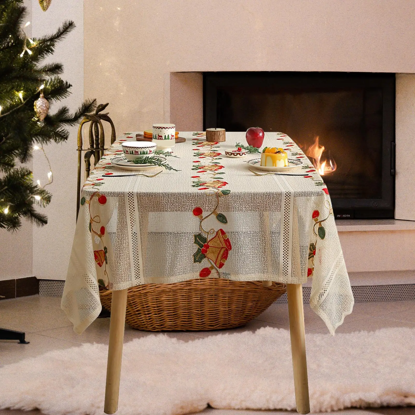 Christmas Tablecloth for Rectangle Tables with Bell Pattern Xmas Decor Table Protector for Banquet Home Festival Picnic Kitchen