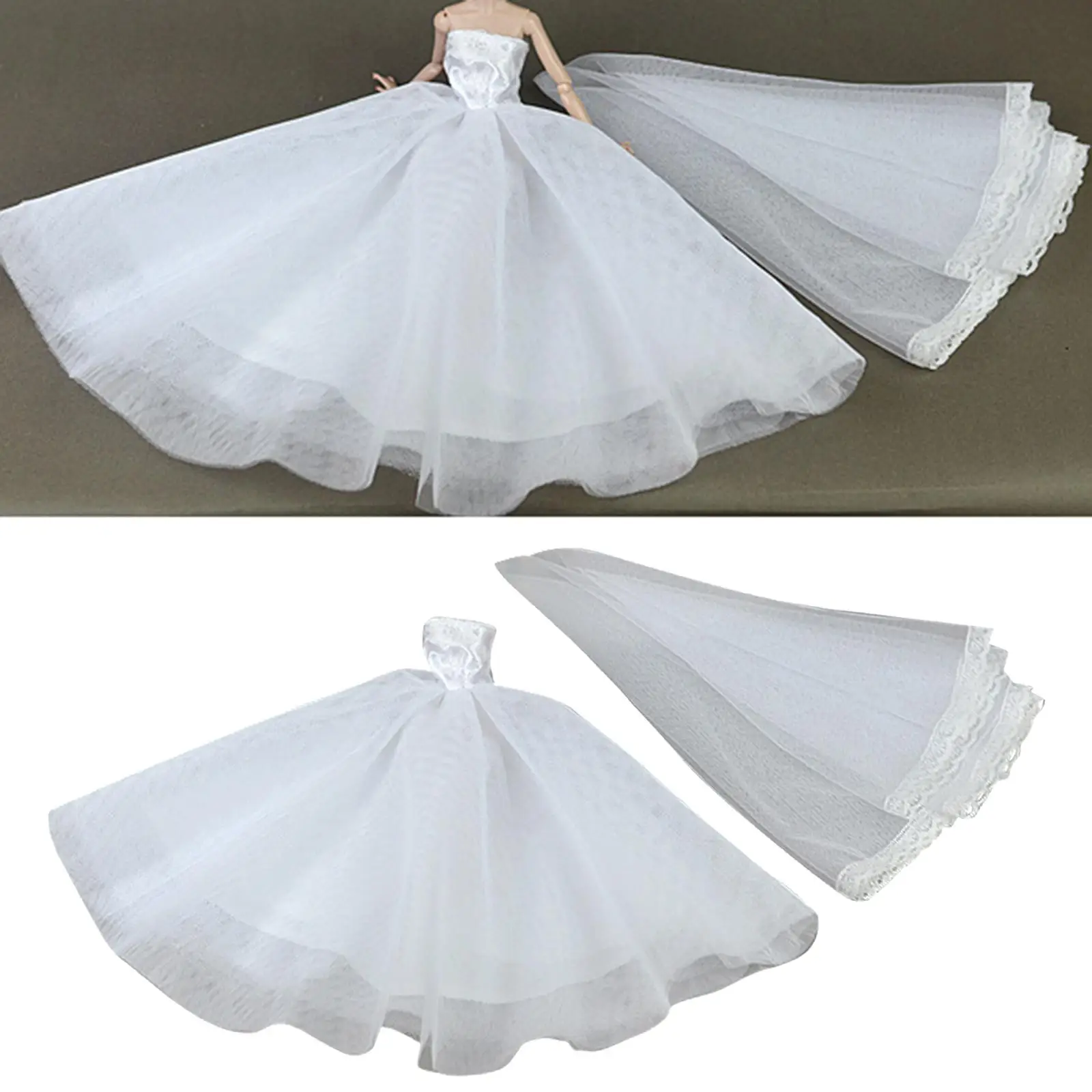 1/6 Dolls Wedding Dress with Long Lace Veil Dolls Gown Dress Evening Party Clothes Outfits for 12inch Dolls Clothes Dress