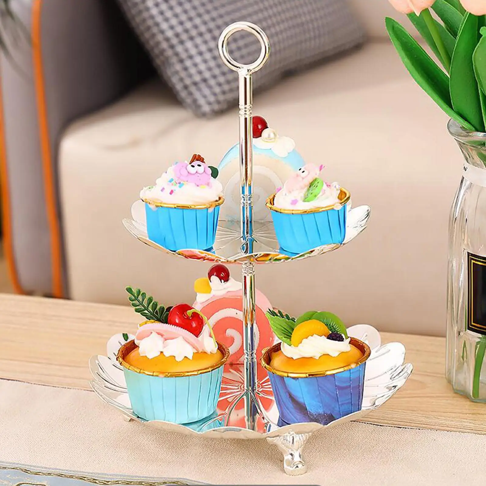 Round Metal Tiered Fruit Serving Stand Dessert Stand Premium Material Durable Polished Elegant Easily Clean Serving Tray