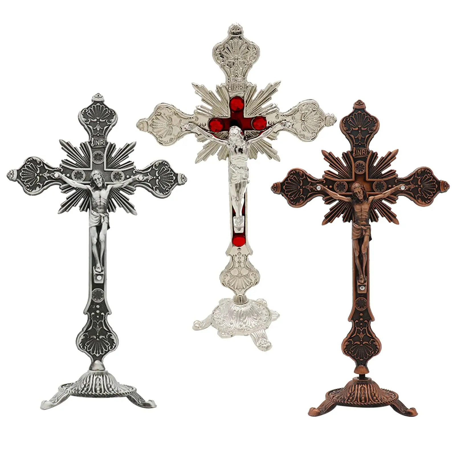 Standing Crucifix 10 Inches Small Metal Table Cross for Altar Table Chapel