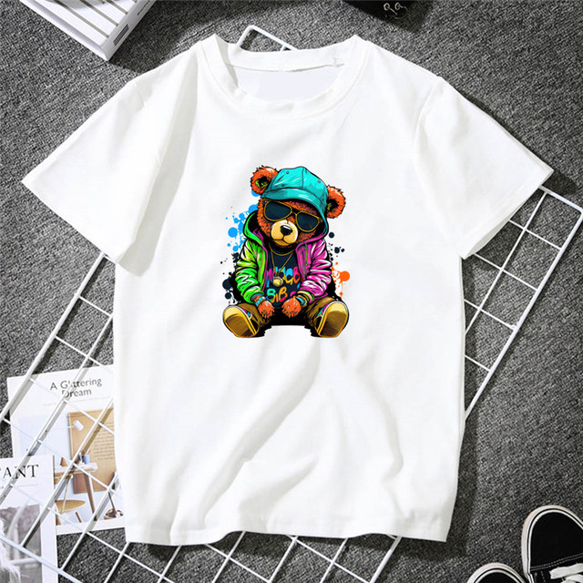 Cute Teddy Bear Print Shirt Short Sleeve O Neck Loose Tshirt
