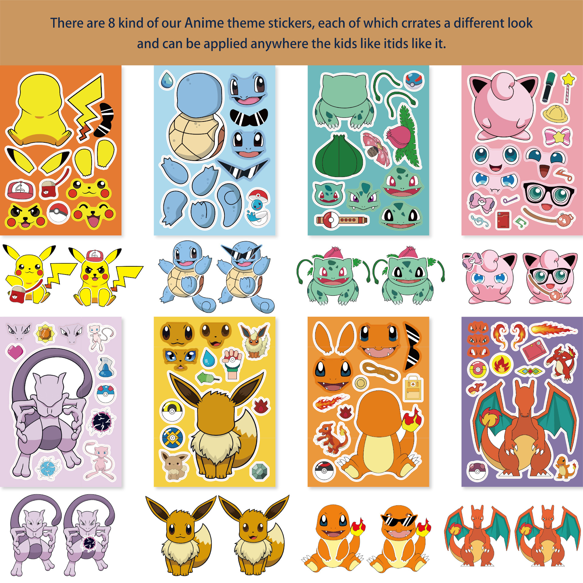 16 Blatt Pokemon Kinder Puzzle Anime Aufkleber Make-a-Face Montieren Lustige Cartoon Aufkleber Montieren Puzzle Kinder Junge Spielzeug geschenk – Detail 3