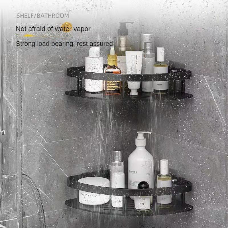 Wall-mounted bathroom corner shelves with toiletries and accessories