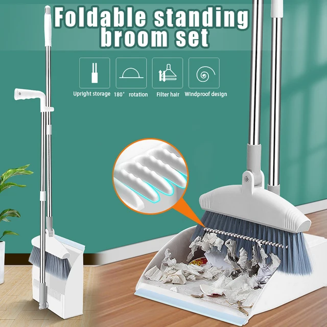 Broom and Dustpan Set,Upright Standing Dust Pan and Broom with 47 Long  Handle,Heavy Duty Broom and Dustpan Combo for Home Kitchen Office Lobby  Floor