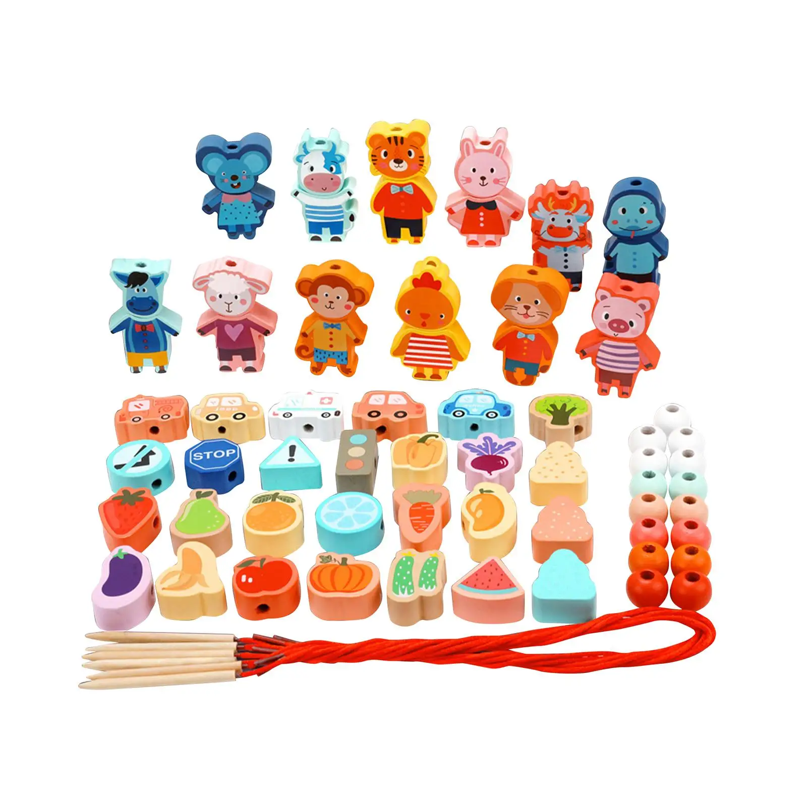 Cartoon Montessori Educational Wooden Lacing Beads Toys Preschool Learning for Toddler Child