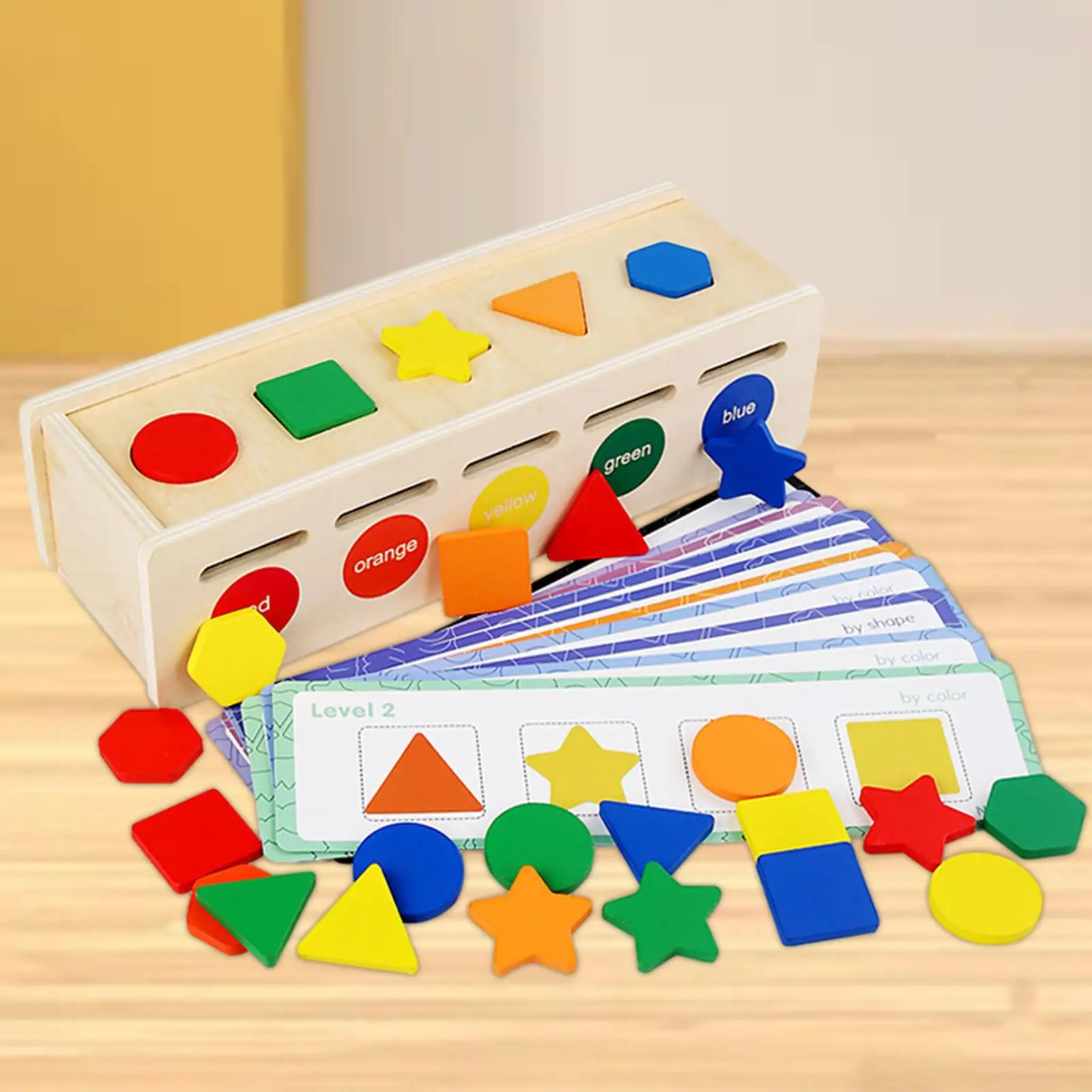 Montessori Toys Color & Shape Sorting Toy Block Puzzles Matching Box, 25 Geometric Blocks and 12 Cards for Children Kids