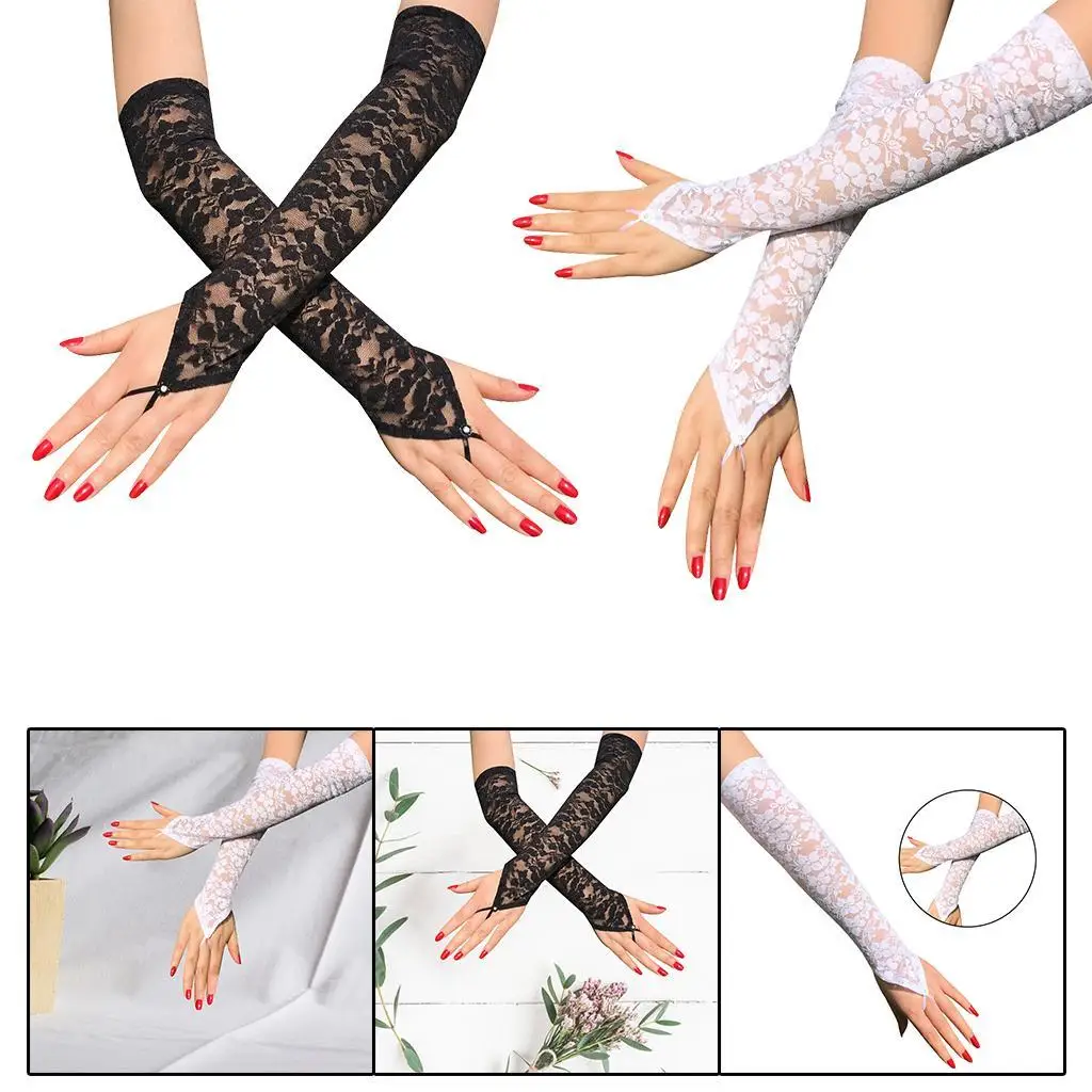 Women`s lace of  UV  Long Lace Gloves Fingerless Elbow Length Lace Gloves for  Party, Adult Size