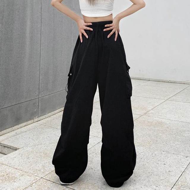 allshope Women Loose Cargo Pants Casual Solid Color Elastic Waist