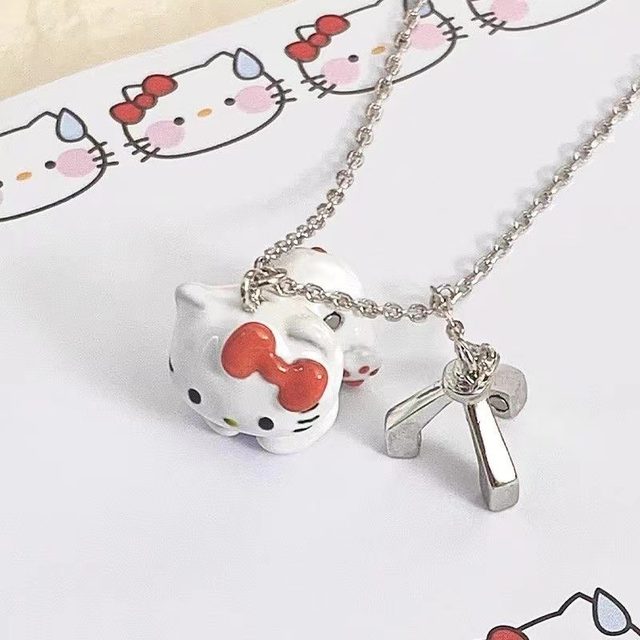 Silver alloy titanium chain red crystal hello shops kitty necklace new