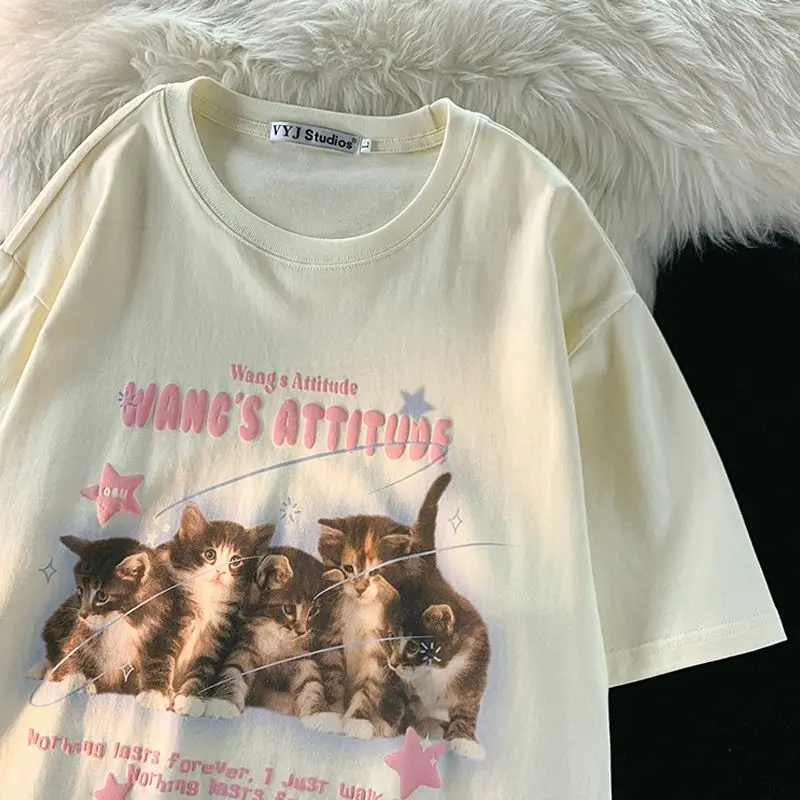 Pure cotton summer cute cat short sleeved t-shirt female