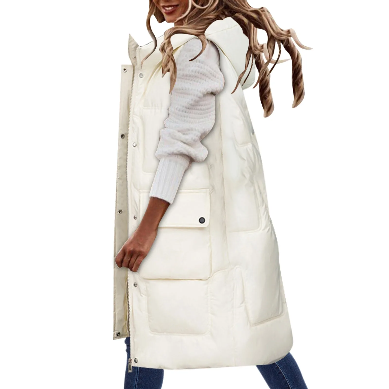 Plus Size 5XL Sleeveless Winter Jacket for Women Down Vest Keep Warm Elegant Hooded Vest Parkas Lady Cotton Padded Long Overcoat