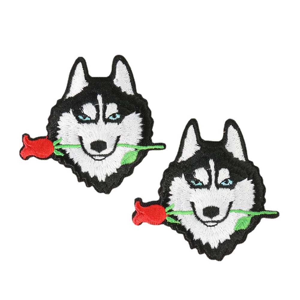 2 Stück Stickerei sibirischen Husky Rose Eisen auf Patches Applikation kreative lustige Abzeichen Stoff Aufkleber DIY Nähen Stoff Dekorationen – Detail 4