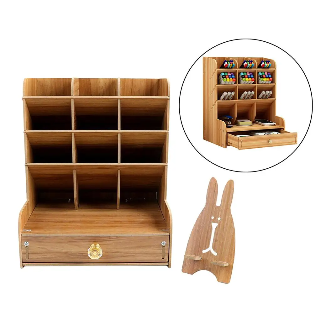 Wooden Desk Organizer, Multifunctional DIY Pen Holder Box, Desktop Stationary,