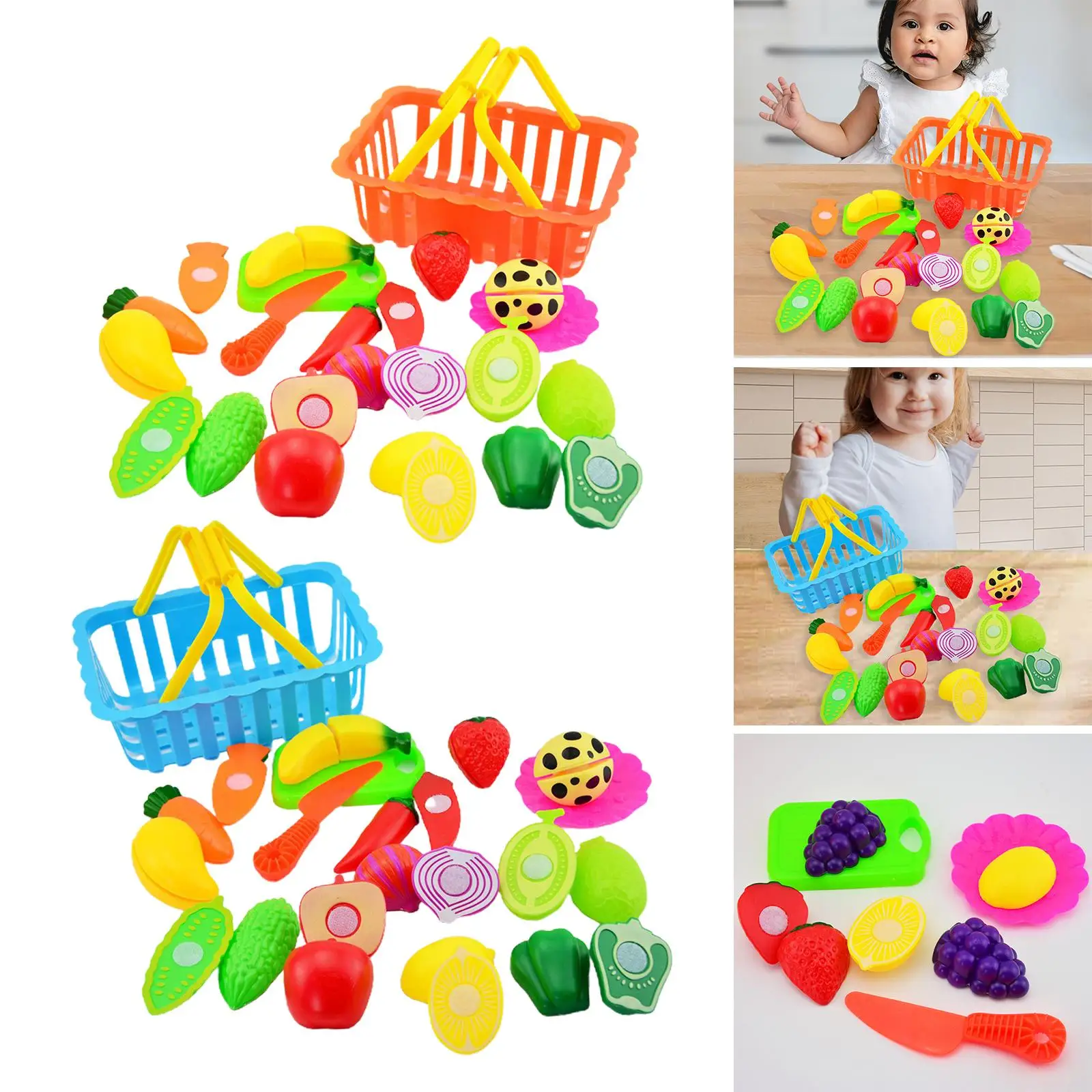 Pretend  Set Vegetables and Fruits Role  Simulation Cutting  Food for Over 3 Years Old Toddlers with Storage Basket