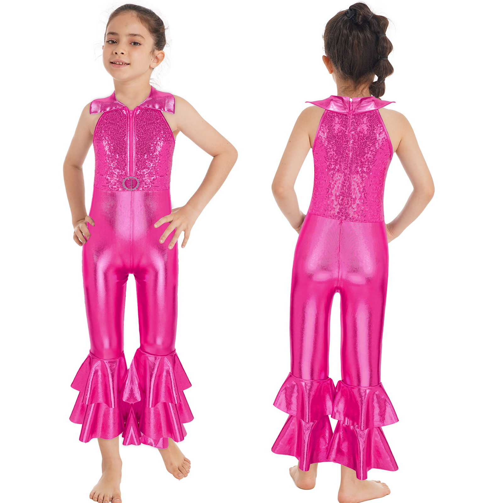 Kinder Mädchen Pailletten Ballett Gymnastik Trikot Vintage Party Hippie Kostüm Disco Diva Tanz Leistung Overall Glocken boden – Detail 14