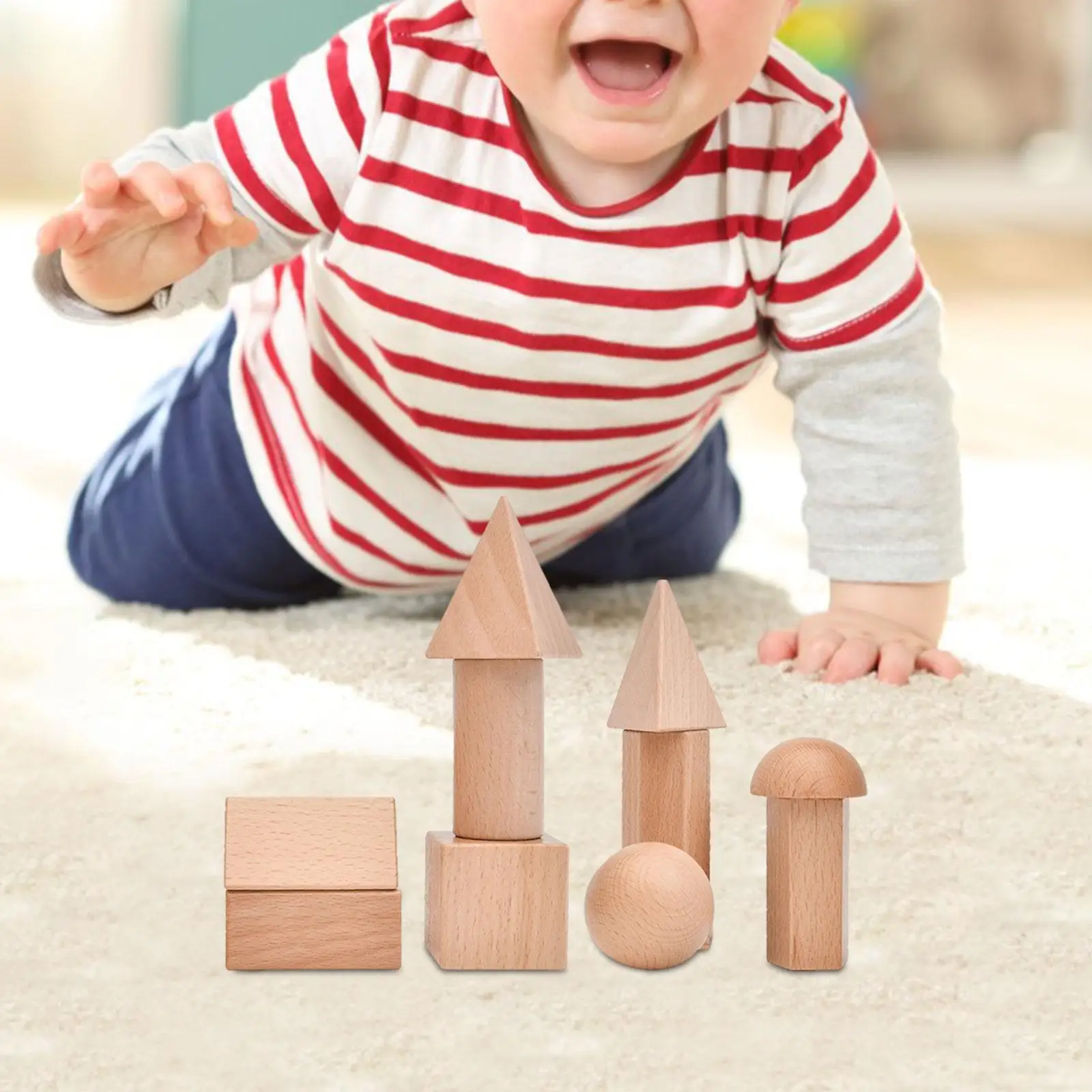 Wood Geometric Solid Blocks Smooth Puzzle Toy 3D Shapes Multifunction Sturdy Educational Toys for Home Preschool Classroom Baby