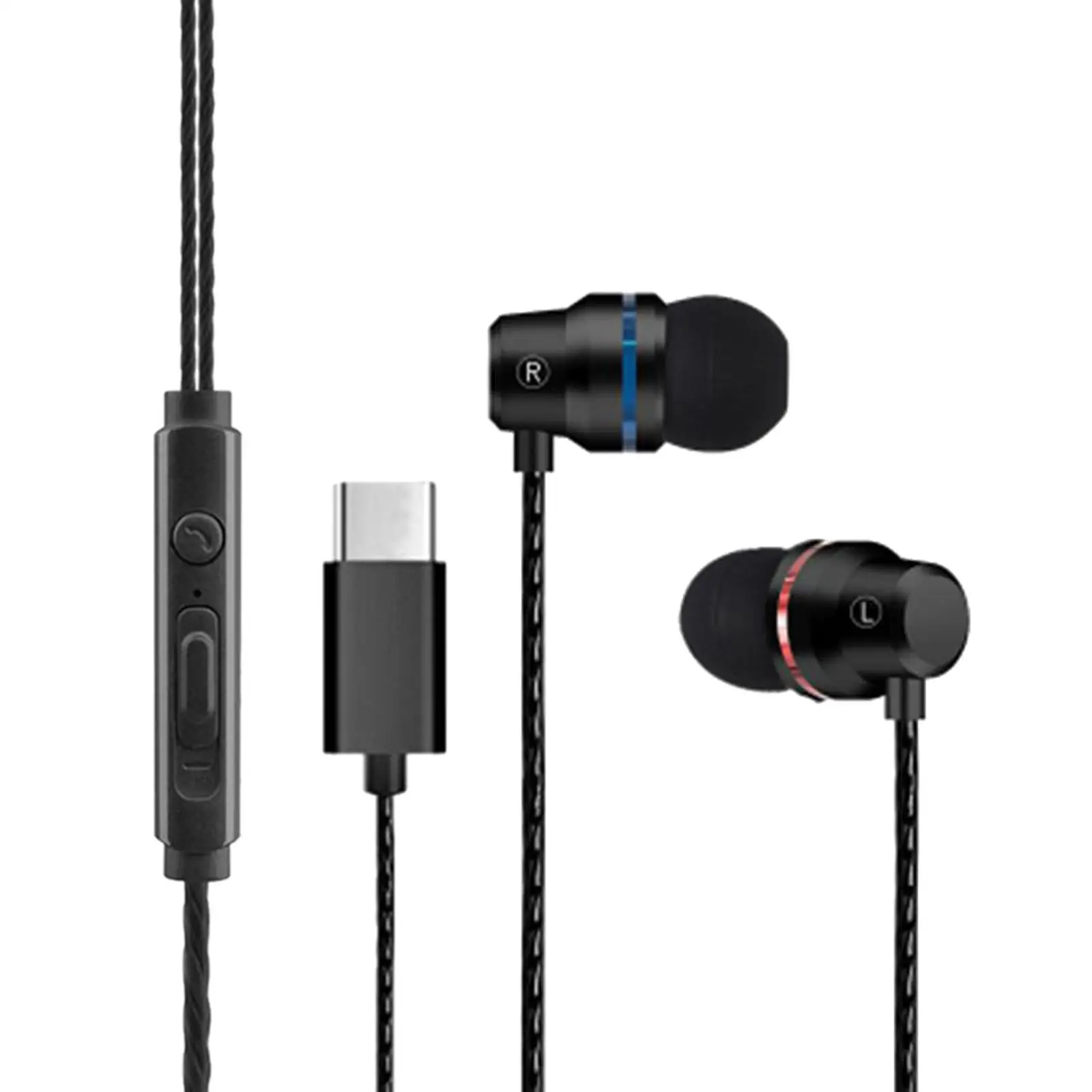 USB C Volume Control Headphones Wired In-ear HiFi Stereo Earbuds with Mic