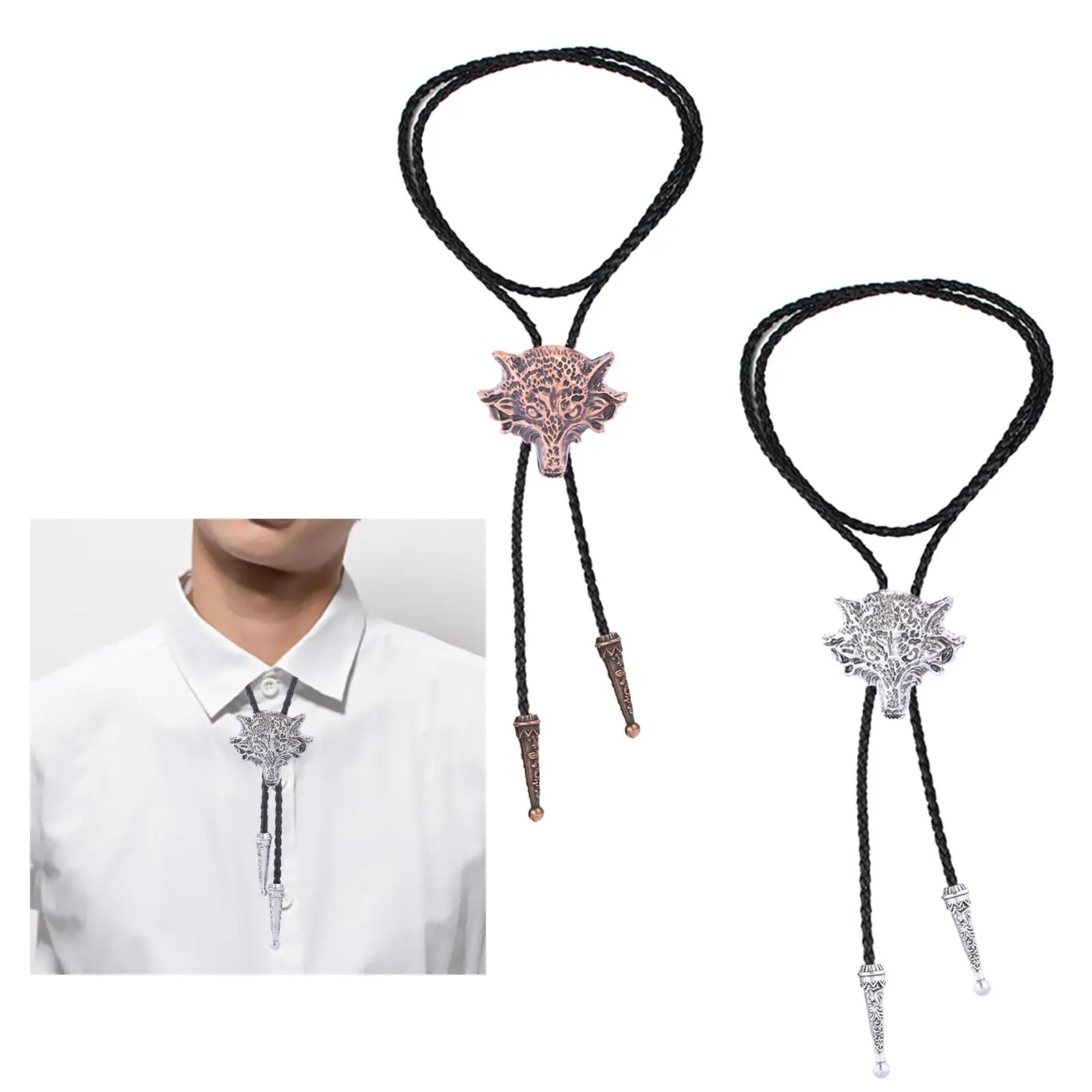 Wolf Bolo Tie Western Cowboy Leather Belt Necktie for Men Adjustable Necklace for Christmas Halloween Birthday