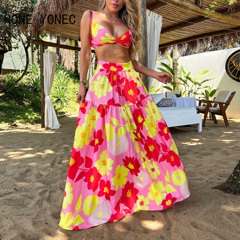 feminino casual sem mangas crop tops floral impressão saia maxi férias praia saia define