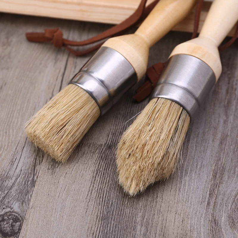 4 Pcs Round Flat Pointed and Wide Chalk Paint Wax Brush Ergonomic Wood Handle Natural Bristle Brushes Furniture Waxing thin paint brush