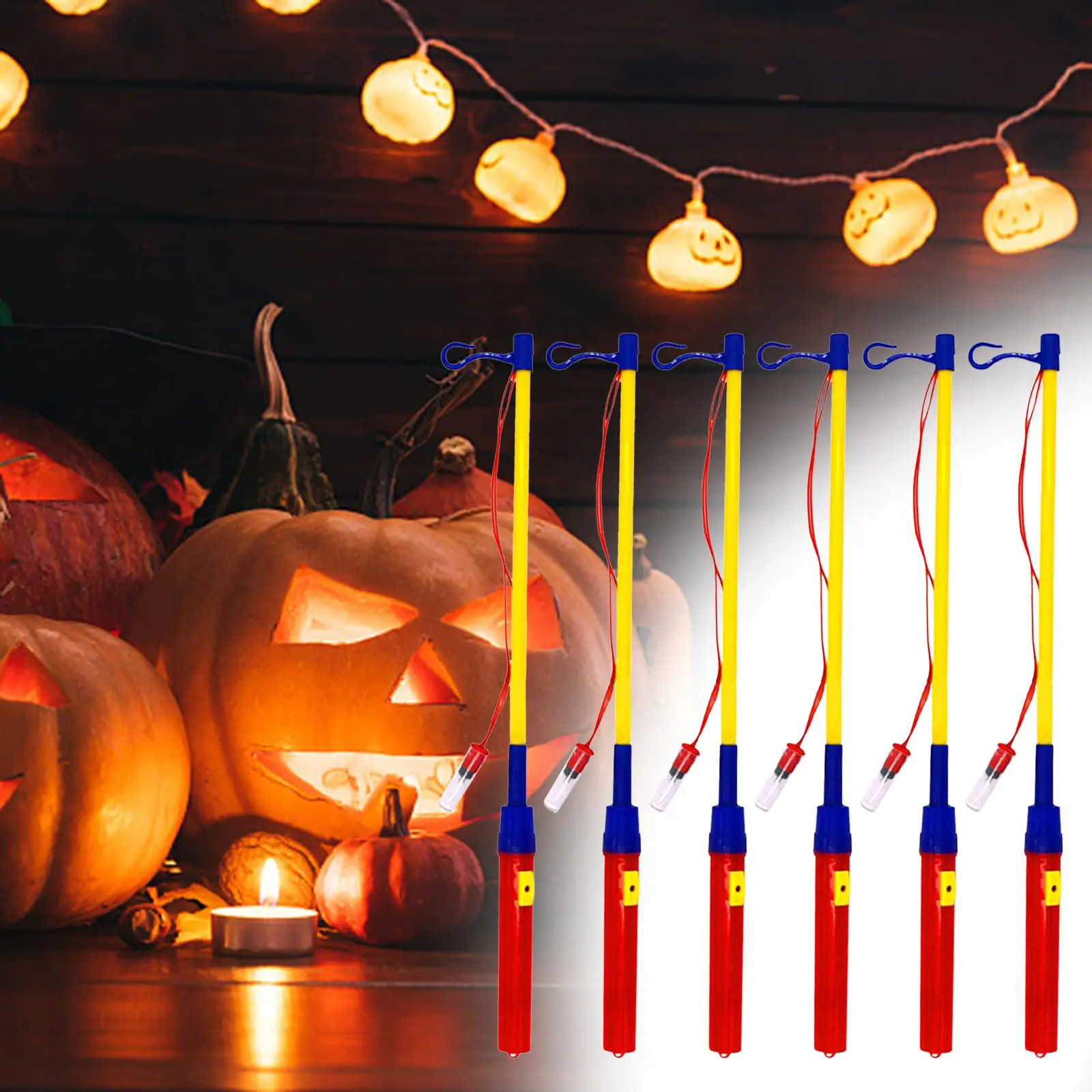 6Pcs LED Lantern Stick Lantern Rods with Hook Energy Save Pole Holder for Kindergarten Costume Party Children`s Party Halloween